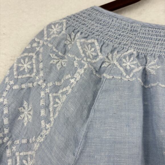 Joie Embroidered Linen Blouse Top Size L Blue Tassel Tie Boho Peasant Bohemian - Picture 4 of 9
